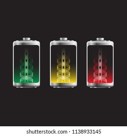 Set of three batteries with color indication on a black background