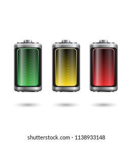 Set of three batteries with color indication on a white background