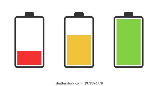 Set von drei Batterien mit niedriger, hoher und mittlerer Ladung im flachen Stil. Vektorsymbole.