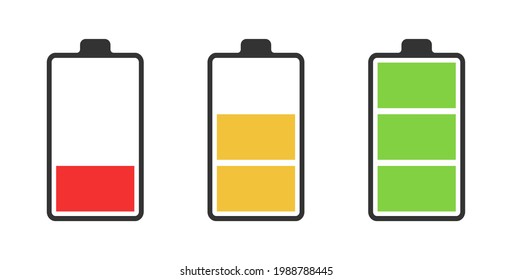 Set of three batteries with low, medium and high charge. Icons. Vector illustration.