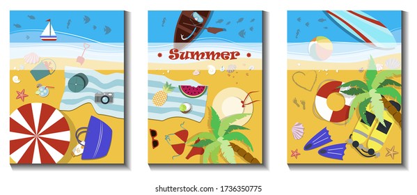 a set of three beach holiday illustrations. Flat vector, top view of the beach with the sea, umbrellas, sun beds, surfing and other summer accessories for sea adventures. Summer posters, for