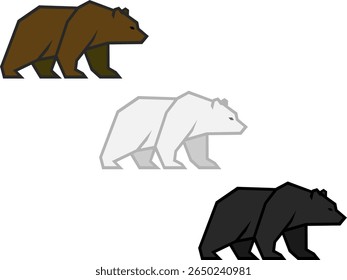 Set of three bear icons in outline, brown, white and black bears, side view.