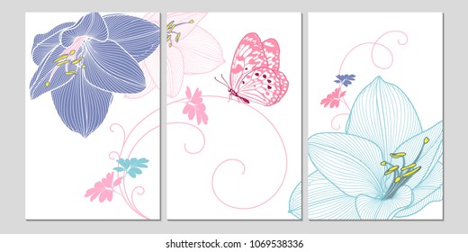 A set of three beautiful backgrounds with butterfly and flower amaryllis for printing for decorating the walls of a cafe, restaurant, living room, kitchen, bedroom.