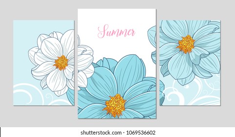 A set of three beautiful backgrounds with flower dahla for printing for decorating the walls of a cafe, restaurant, living room, kitchen, bedroom.