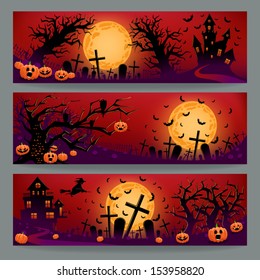 Set of three beautiful banners for Halloween with graves, evil pumpkins and trees 