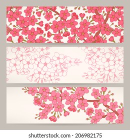 Set of three beautiful banners with pink cherry flowers. vector illustration
