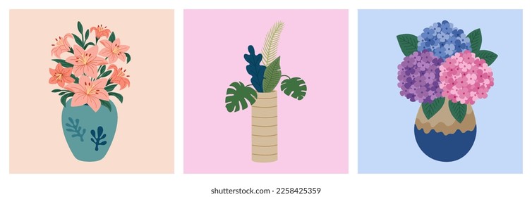 Set of three beautiful bouquets in vases. Hydrangea, lilies and tropical leaves. Blooming flowers for congratulation. Hand drawn vector illustration isolated on color background. Flat cartoon style.