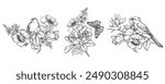 Set of three beautiful hand drawn vector compositions with black and white blooming spring garden flowers, birds, butterflies.