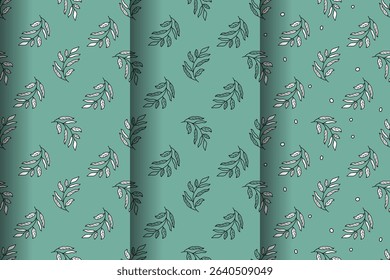 Set of three beautiful natural seamless plant patterns in black and white on  green background. Plant of environment. Flat design. For wallpaper, textiles, packaging, background, website.