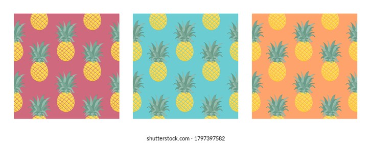 Set of three Beautiful seamless vector tropical pattern with pineapple and leaf. Tropical summer texture. Elegant template for fashion prints.