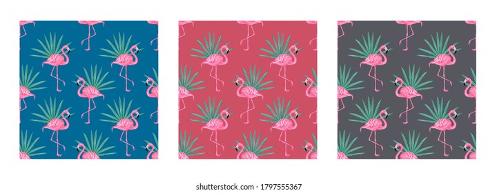 Set of three Beautiful seamless vector tropical pattern with flamingo bird and palm leaves. Tropical summer texture. Elegant template for fashion prints.