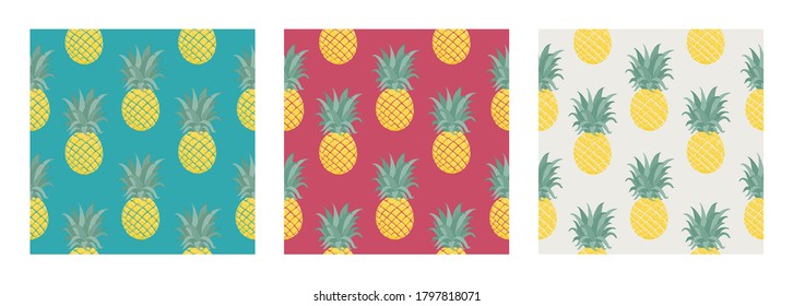 Set aus drei wunderschönen nahtlosen Vektorgrafik tropischen Muster mit Ananas und Blatt. Tropische Sommerstruktur. Elegante Vorlage für Modedrucke.