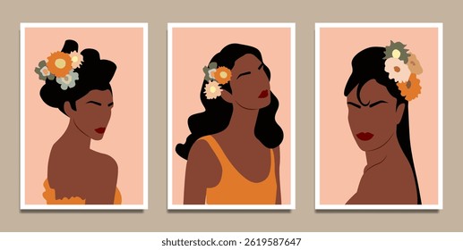 Set of three beautiful young boho girl portrait with flowers in there hair