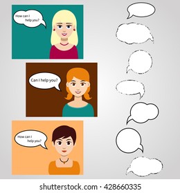 Set of three beautiful young girls with chat speech bubbles and text - Can I help you? Vector.