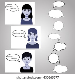 Set of three beautiful young girls with chat speech bubbles and text - Can I help you? Vector.