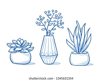 Set of three beautyful plants in differnt pots. Little succulent garden on the window sill. Hand drawn line art cartoon vector illustration.