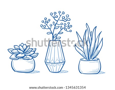Set of three beautyful plants in differnt pots. Little succulent garden on the window sill. Hand drawn line art cartoon vector illustration.