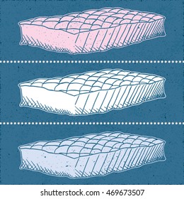 Set of Three Bed Mattress Icons Divided with Perforation - White Pink and Blue Permanent Marker on Dark Rough Paper Illusion Background - Quick Sketch Handdrawn Style