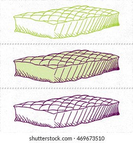 Set of Three Bed Mattress Icons Divided with Perforation - Purple and Green Permanent Marker on White Rough Paper Illusion Background - Quick Sketch Handdrawn Style

