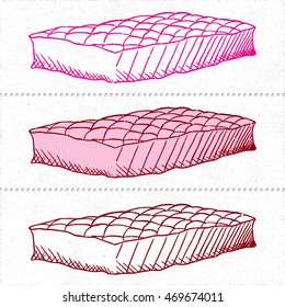 Set of Three Bed Mattress Icons Divided with Perforation - Red and Pink Permanent Marker on White Rough Paper Illusion Background - Quick Sketch Handdrawn Style