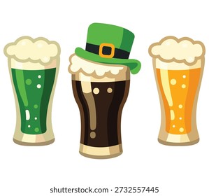 Set of three beer glasses for St. Patrick’s Day in flat vector style. Includes a dark beer glass with a leprechaun hat, a green festive beer, and a light beer with foam. Simple cartoon style holiday illustrations suitable for themed decorations, greeting graphics, and celebration design projects