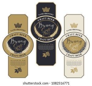 Set of three beer labels with wheat ears, hops, handwritten inscriptions, crown and place for text. Vector labels or banners for craft beer and brewery in retro style