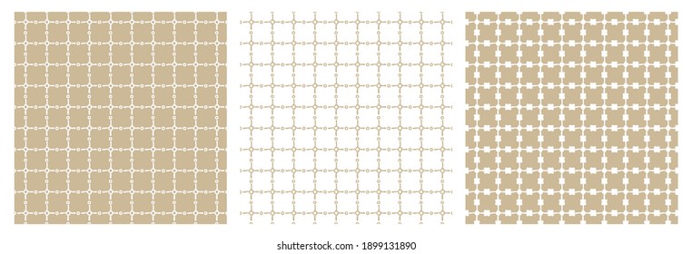 Eine Reihe von drei geometrischen Mustern in Beige und Weiß. Abstrakte Quadrate und leere Kreise. Alle Linien sind verzerrt
