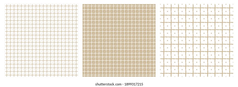 Un conjunto de tres motivos geométricos beige y blanco. Cuadros abstractos y puntos dentro. Todas las líneas están distorsionadas