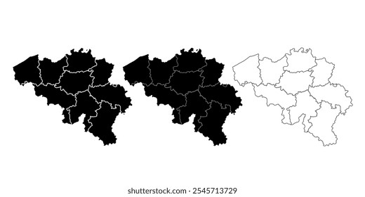 Set of three Belgium map silhouettes in black and outline style with regions.