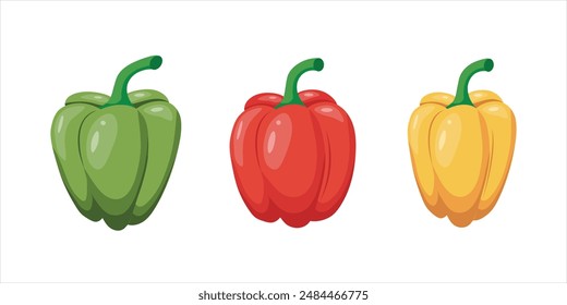 Set of three bell peppers of different colors isolated on a white background. Red, green, yellow bell peppers. Vector illustration