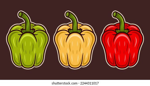 Set of three bell peppers in various colors, red, yellow, green vector illustration