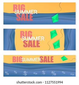 set of three big summer sale banners. Vector illustration with beach, sea and green kites.