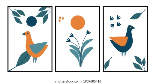 Tres pájaros y folletos pintados en la pared. Decoración minimalista en la pared. Decoración escandinava de las paredes.