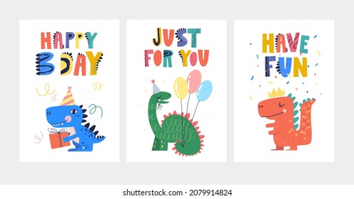 Set of three birthday cards with cartoon style cute dinosaurs. Colorful, unique illustrations isolated on a white background.