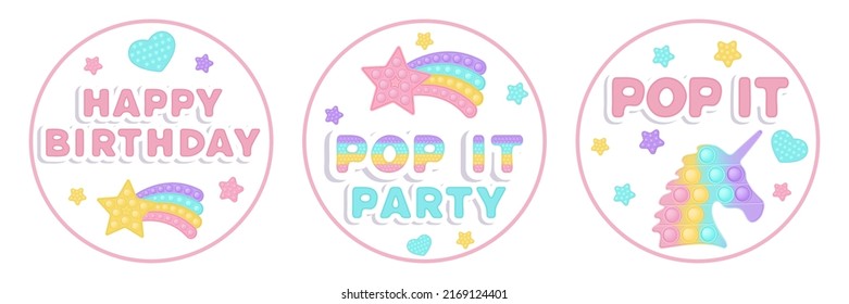 Set von drei Geburtstag Gefallen Tags popi it fidget Spielzeug Vektordesign mit Illustrationen und Text. Herzlichen Glückwunsch zum Geburtstag, bedruckbare Kreissenkarten oder Etiketten im Pastellpopit-Stil. Party-Design als trendiges Spielzeug.