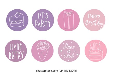 Set of three Birthday favor tags vector design with illustrations and text. Happy Birthday gift printable circle cards or labels in pastel flat style. Party design as a trendy doodle illustration.