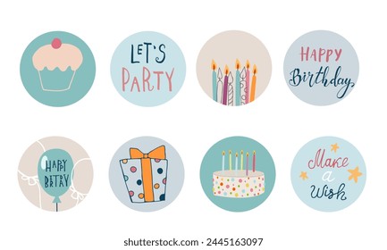 Set of three Birthday favor tags vector design with illustrations and text. Happy Birthday gift printable circle cards or labels in pastel flat style. Party design as a trendy doodle illustration.