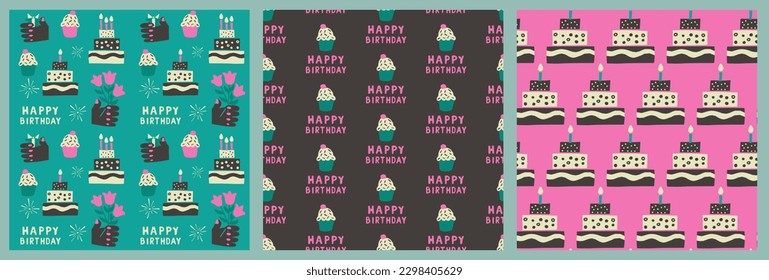 Set of three birthday papercraft seamless pattern with hand drawn elements related to birthday party in flat cutout style. Dark theme, black hands with gift box and bunch of flowers Ideal for wrapping
