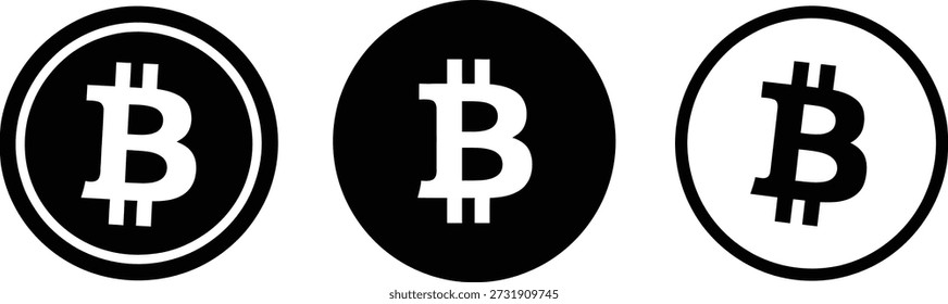 Conjunto de tres iconos de criptomonedas bitcoin en diferentes estilos en blanco y negro