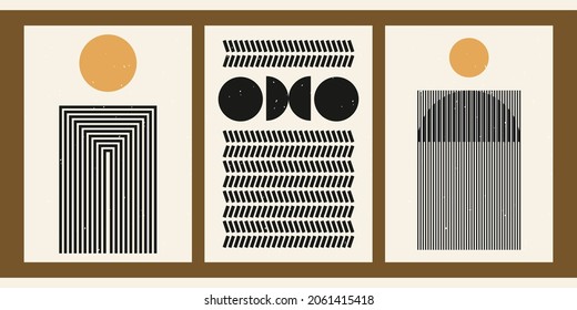 A set of three black aesthetic geometric backgrounds. Minimalist social media posters, cover designs, web, home decor. Vintage bright illustrations with stripes, shapes, circles, lines, rectangles