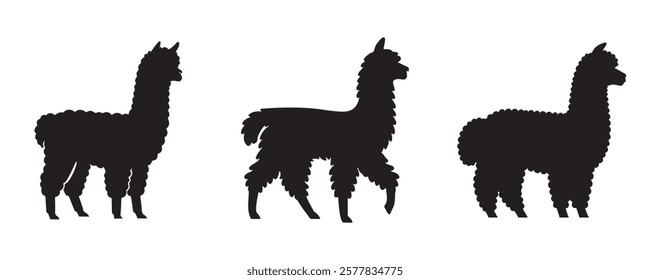 Set of three black alpaca silhouettes in various poses on a light gray background, perfect for logos, prints, and design elements