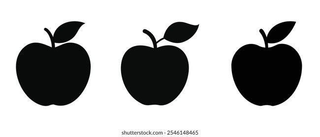 Set of three black apple silhouettes with stems and leaves on a white background, showcasing simple, minimalistic fruit icons perfect for design and illustration purposes