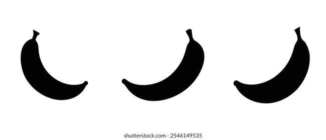 Satz von drei schwarzen Bananensilhouetten mit einer gekrümmten Form auf weißem Hintergrund, ideal für minimalistische Designs, Food-Icons oder kreative grafische Projekte