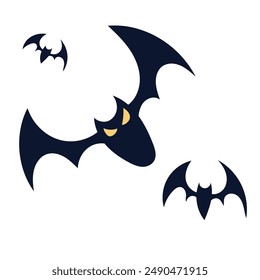 Set of three black bats in flat vector style, isolated on white. Drawing of a nocturnal wild animal in cartoon style. Halloween creepy fauna modern vector illustration.