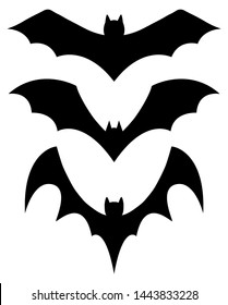 set of three black bats hand drawn for halloween or fall holiday