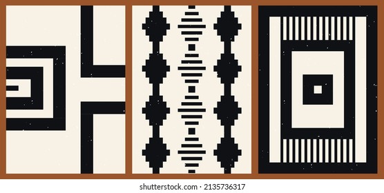 Un conjunto de tres fondos geométricos estéticos negros y beige. Afiches minimalistas en medios sociales, diseños de portadas, web, decoración doméstica. Ilustraciones brillantes de época con formas, círculos, líneas, rectángulos