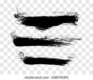 Set of three black brush strokes. Hand drawn ink spots isolated on transparent background. Vector illustration