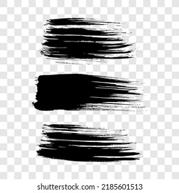 Conjunto de tres pinceladas negras. Manos trazadas de tinta aisladas sobre fondo transparente. Ilustración del vector