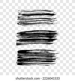 Set of three black brush strokes. Hand drawn ink spots isolated on transparent background. Vector illustration