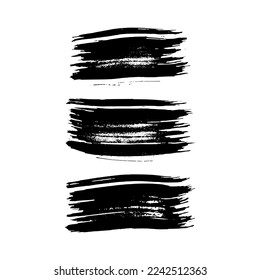 Set of three black brush strokes. Hand drawn ink spots isolated on white background. Vector illustration